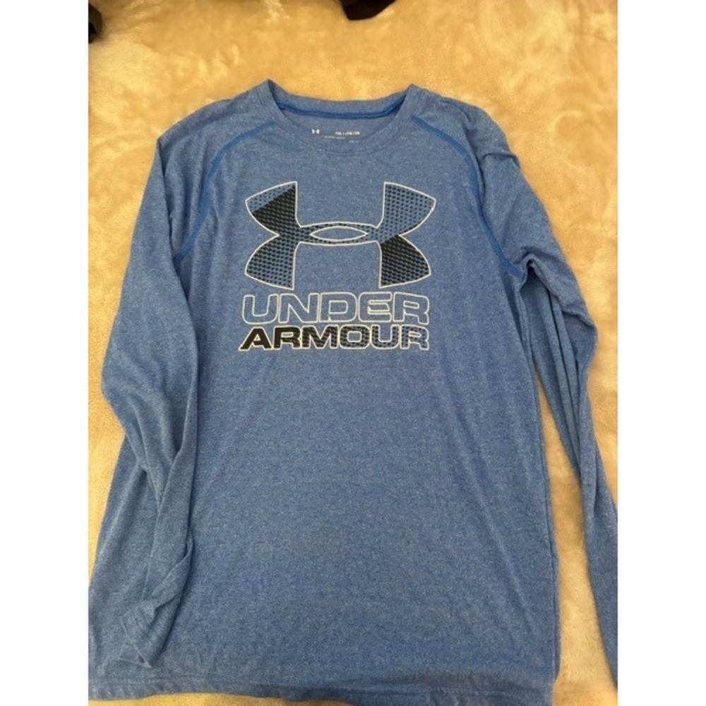 Under Armour Boys YXL‎ Blue HeatGear Long Sleeve Big Logo Graphic T-Shirt (A)